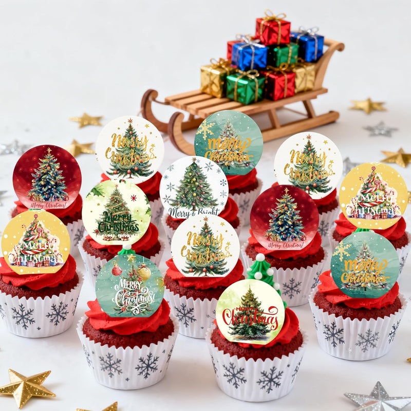 Fyeoxle 36PCS Edible Christmas Tree Cupcake Toppers Wafer Paper Merry Christmas Tree Cupcake Picks for Christmas Theme New Year Party Baby Shower Birthday Supplies - Image 5